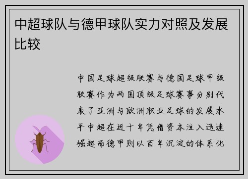 中超球队与德甲球队实力对照及发展比较